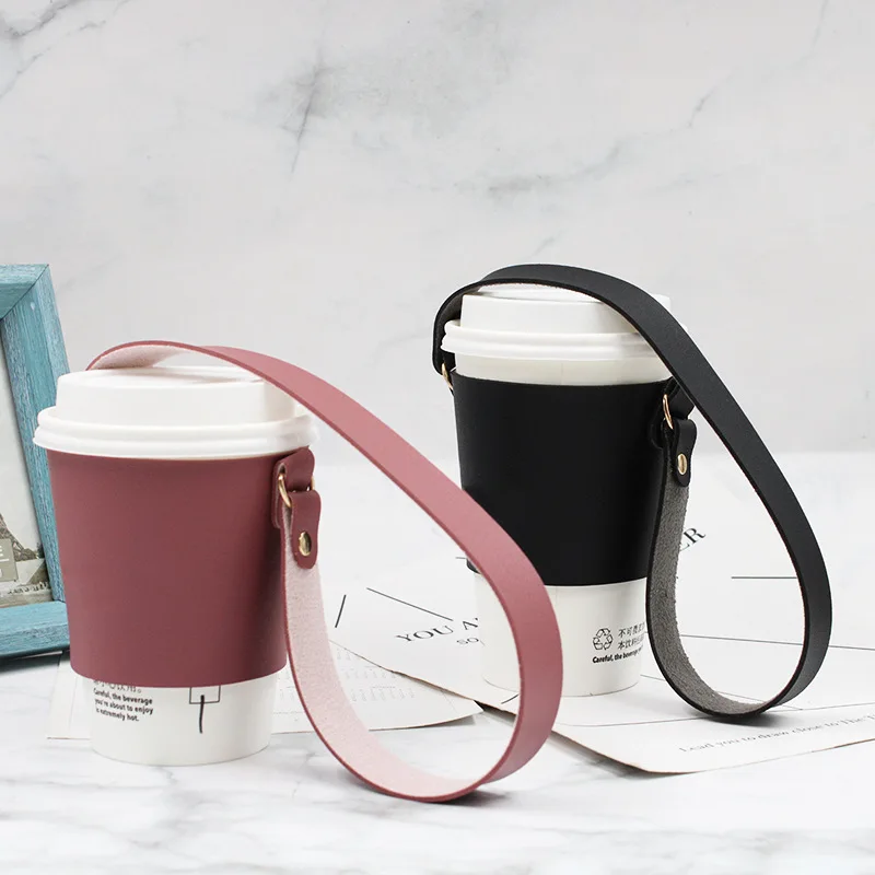 Leather Coffee Cup Holder  1-Piece Cover PU 1PC Portable Hand-held Glass Cup Holders Travel Cup Outer Packaging Case Decor Covers in Black Dusk Pink