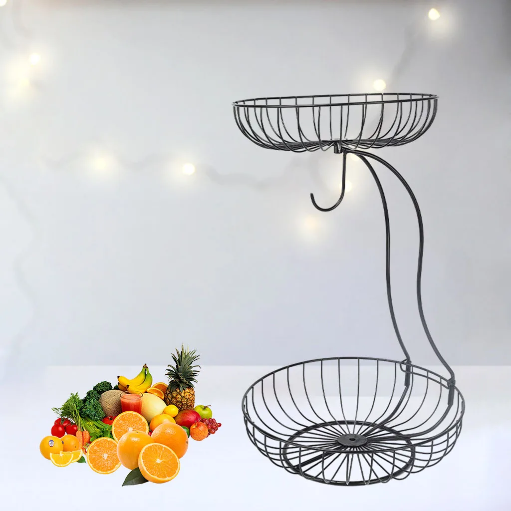 Iron Art 2-Tier Fruit Basket Stand Countertop Storage Rack, With Banana Hanger, Black, Space Saver