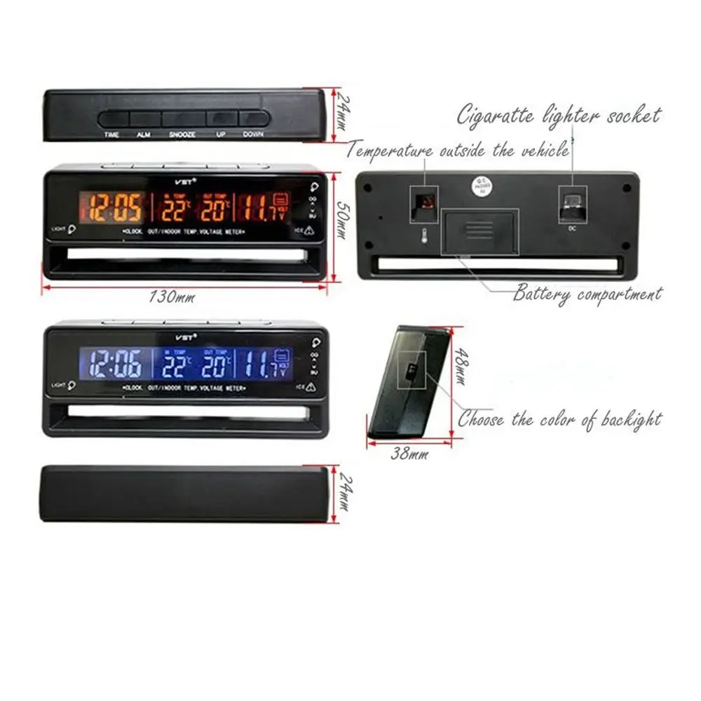 Car Auto LCD Backlight Digital Clock Thermometer Inside Outside Temperature Voltage Alarm 