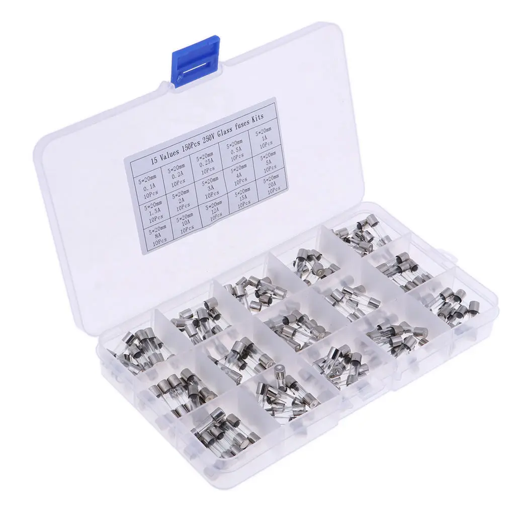 15 Values 150pcs Fast-blow Glass Fuses Assorted Kit 5x20mm With  Box