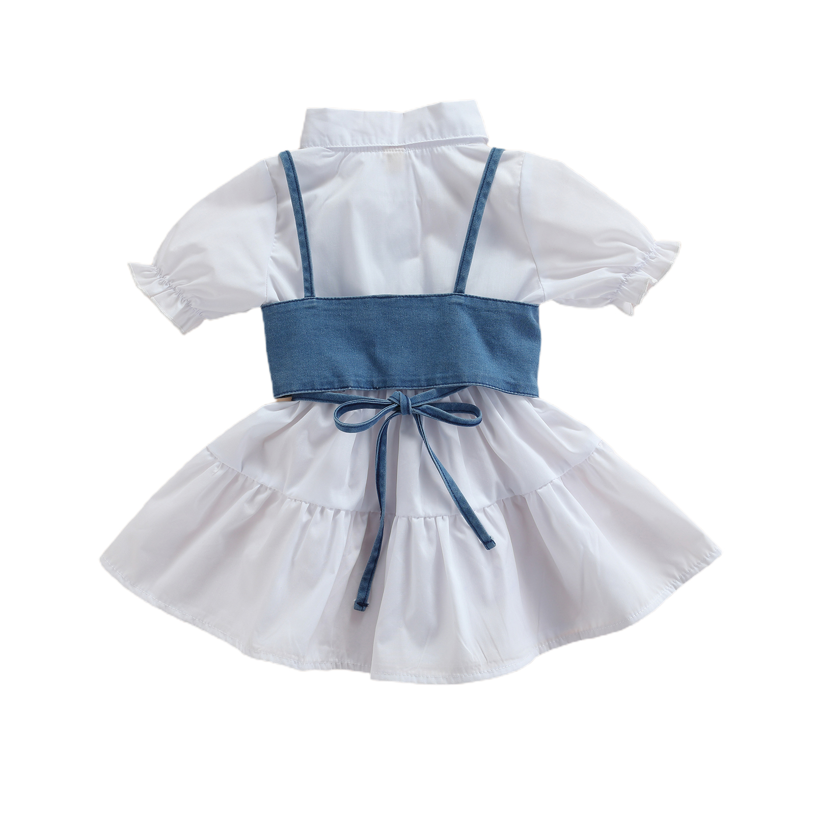 FOCUSNORM 1-6Y Sommer Mode Kinder Mädchen Kleid + Denim Weste 2 stücke Solide Rüschen Puff Sleeve Drehen Unten Kragen A-linie Kleid – Detail 4
