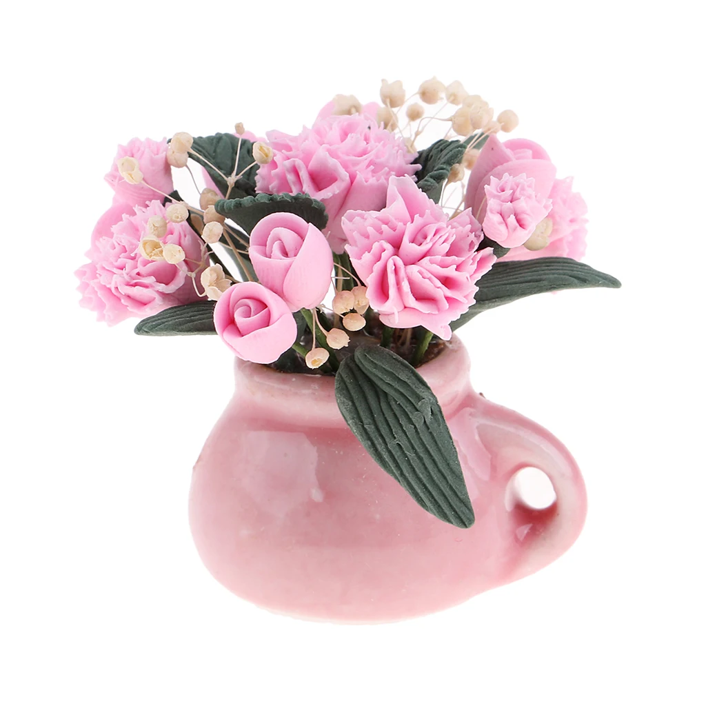 Dollhouse Miniature Plastic Pink Flower in Glass Vase Dolls Room Table Decor