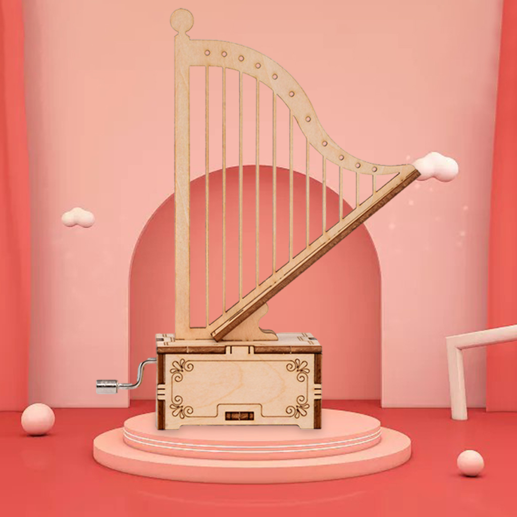 3D Retro Wooden Puzzle Hand Crank Shape Harp Wooden Music Box