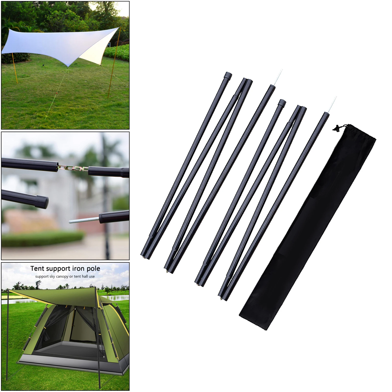 2Pieces Solid Tarp Poles 190cm Camping Backpacking Tent Rod w/ Storage Bag