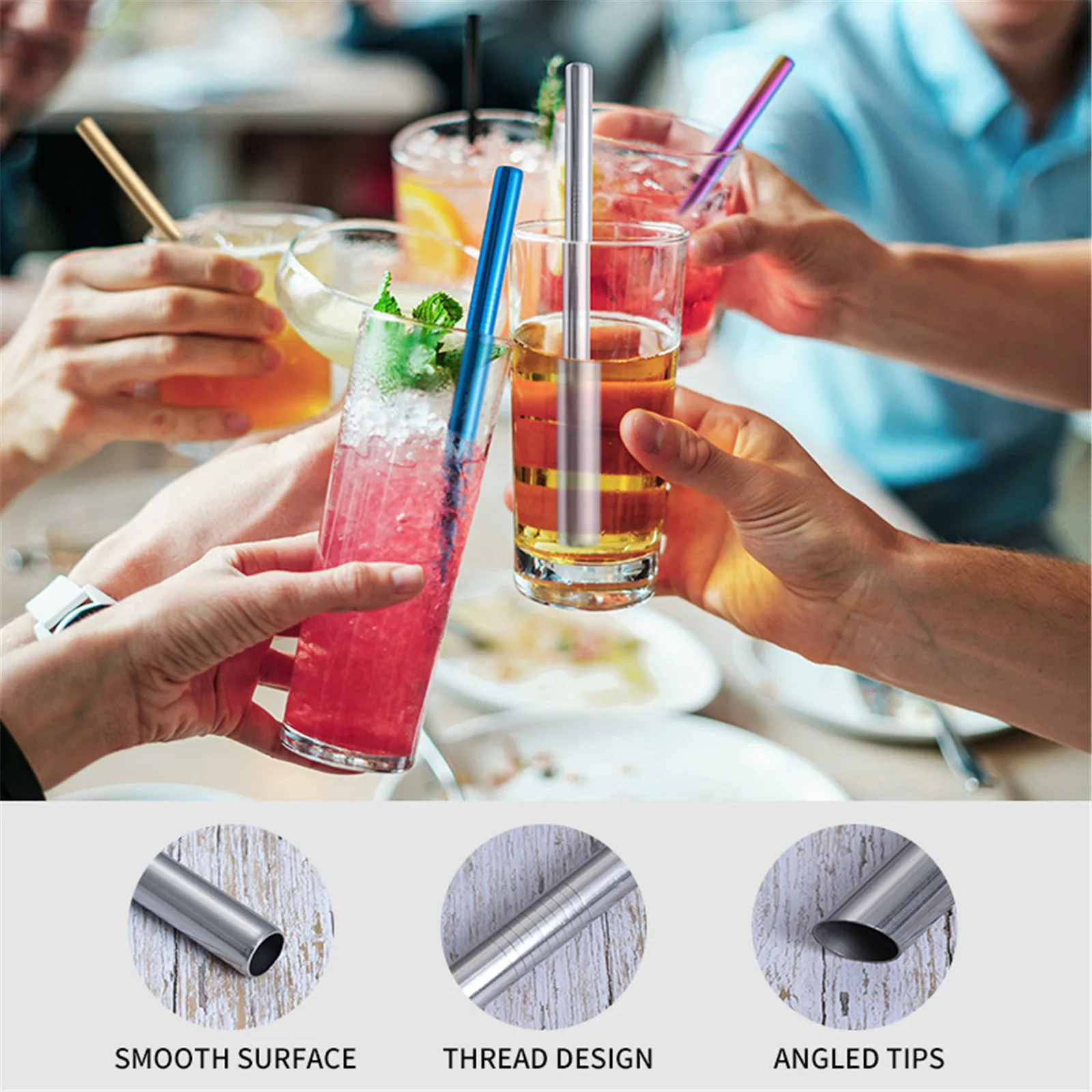 5pcs/Set Stainless Steel Reusable Bar Party Drinking Straws Cleaning Brush 