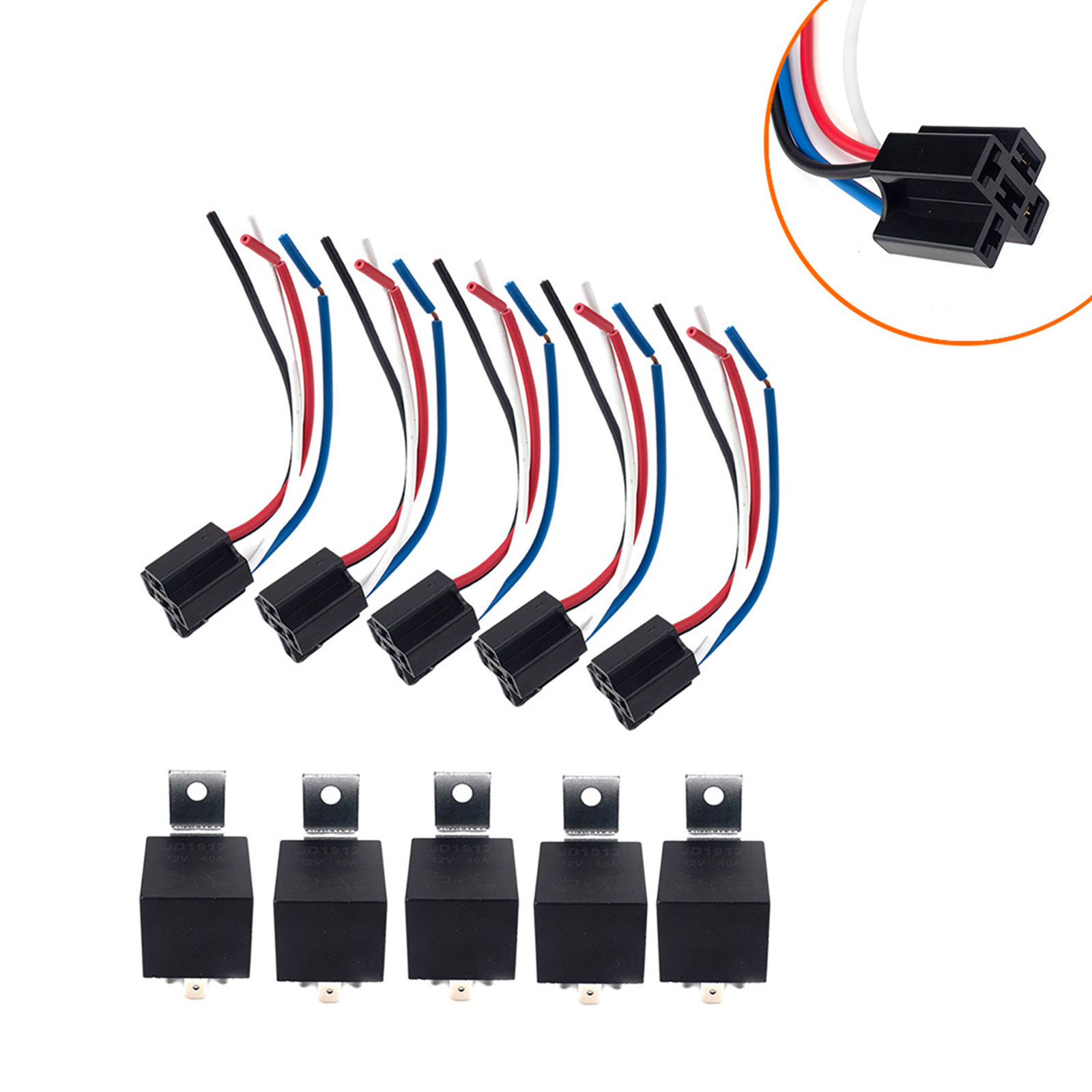 5 Pack 40 AMP 12 V DC Relay and Harness Set 12 AWG Tinned Copper Wires 5-PIN SPDT Bosch Style