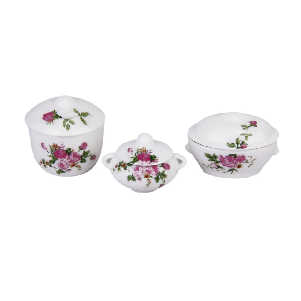 3pcs Dollhouse Miniature Dinning Room Dinnerware Set Floral Pot Bowl W/ Lid