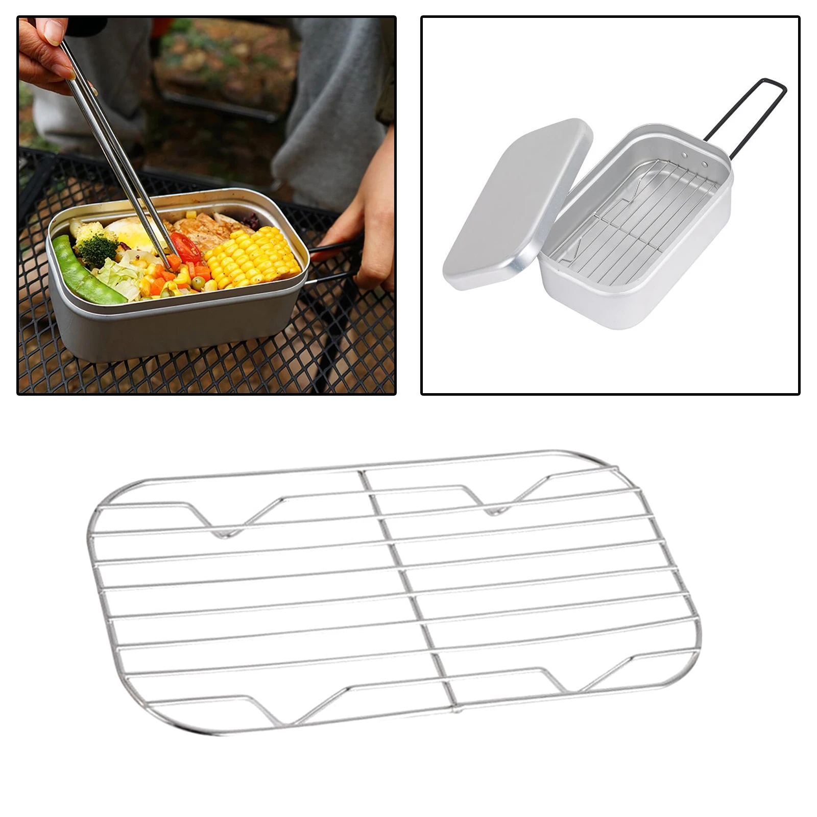 Outdoor Bento Lunch Box Steaming Rack Food Container w/ Foldable Handle for Camping BBQ Picnic Office Travel Cooking Cookware
