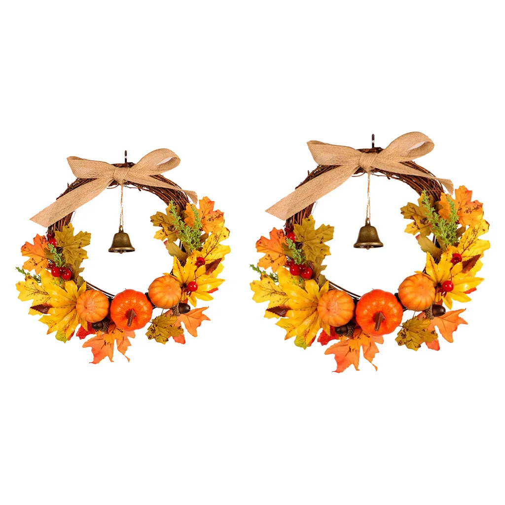 Wreath Autumn Harvest Maple Leaf, Artificial Pumpkin Maple Leaves Berries Fall Christmas Thanksgiving Wreath with Bell