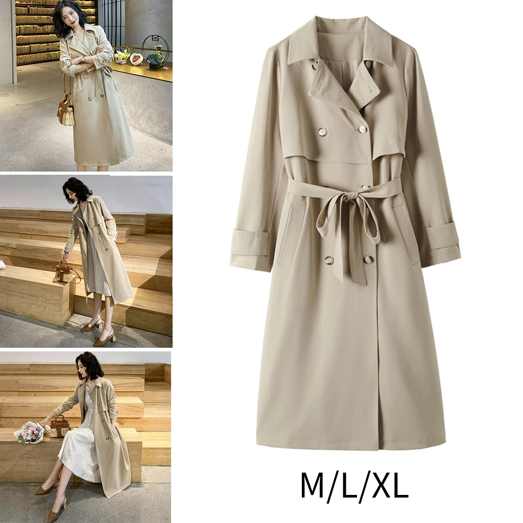 Women`S Double-Breasted Trench Coat Slim Regular Self Tie Sleeve Belt Jacket Lapel Overcoat