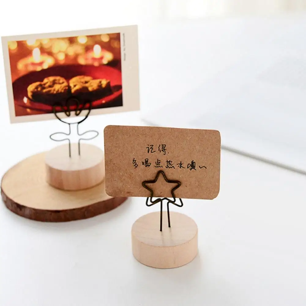 Memo Card Picture Clip Photo Frame Message Left Supporter Round Wooden Holder 