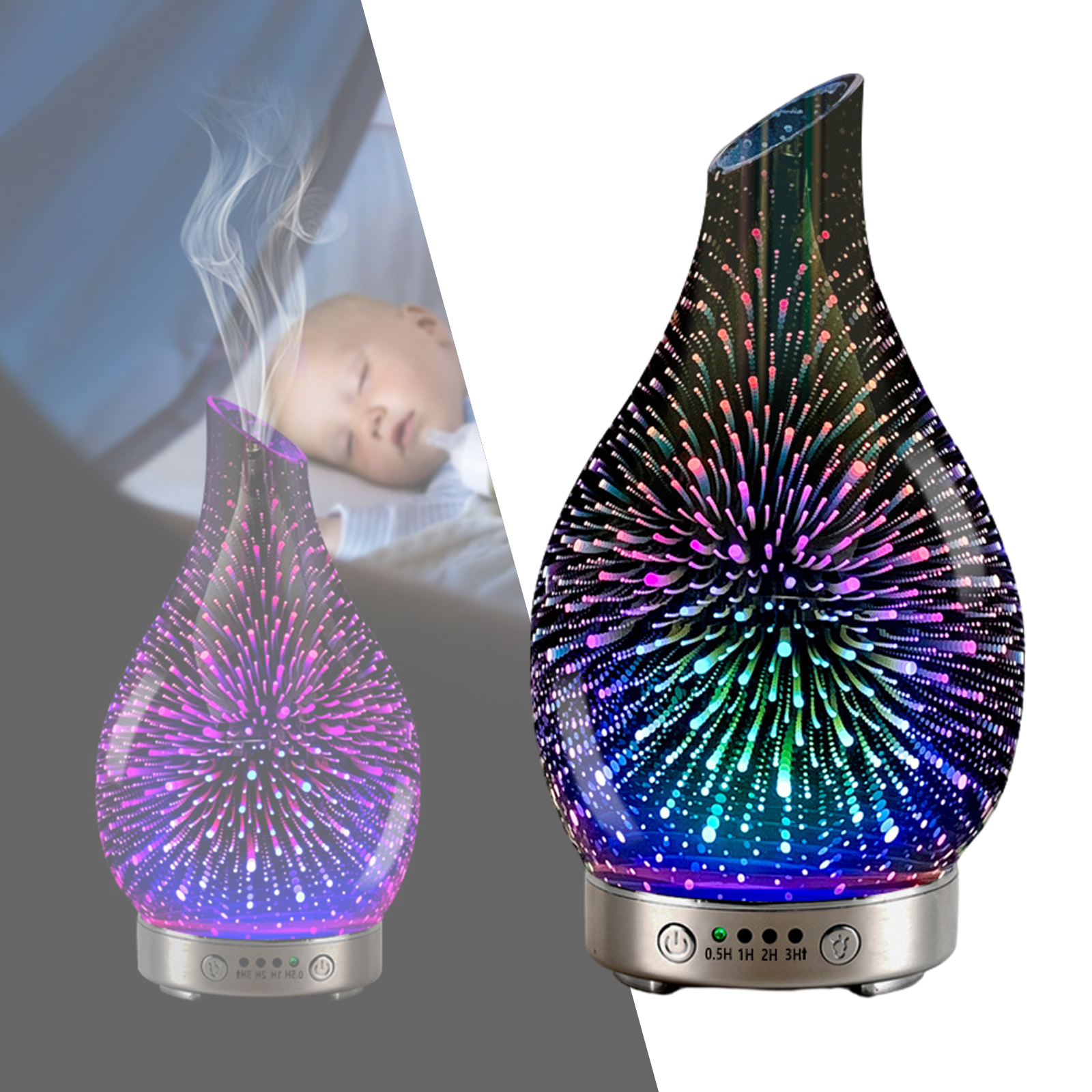 3D Glass Essential Oil Diffuser Aromatherapy Ultrasonic Humidifier Night Light Timer Setting Yoga SPA