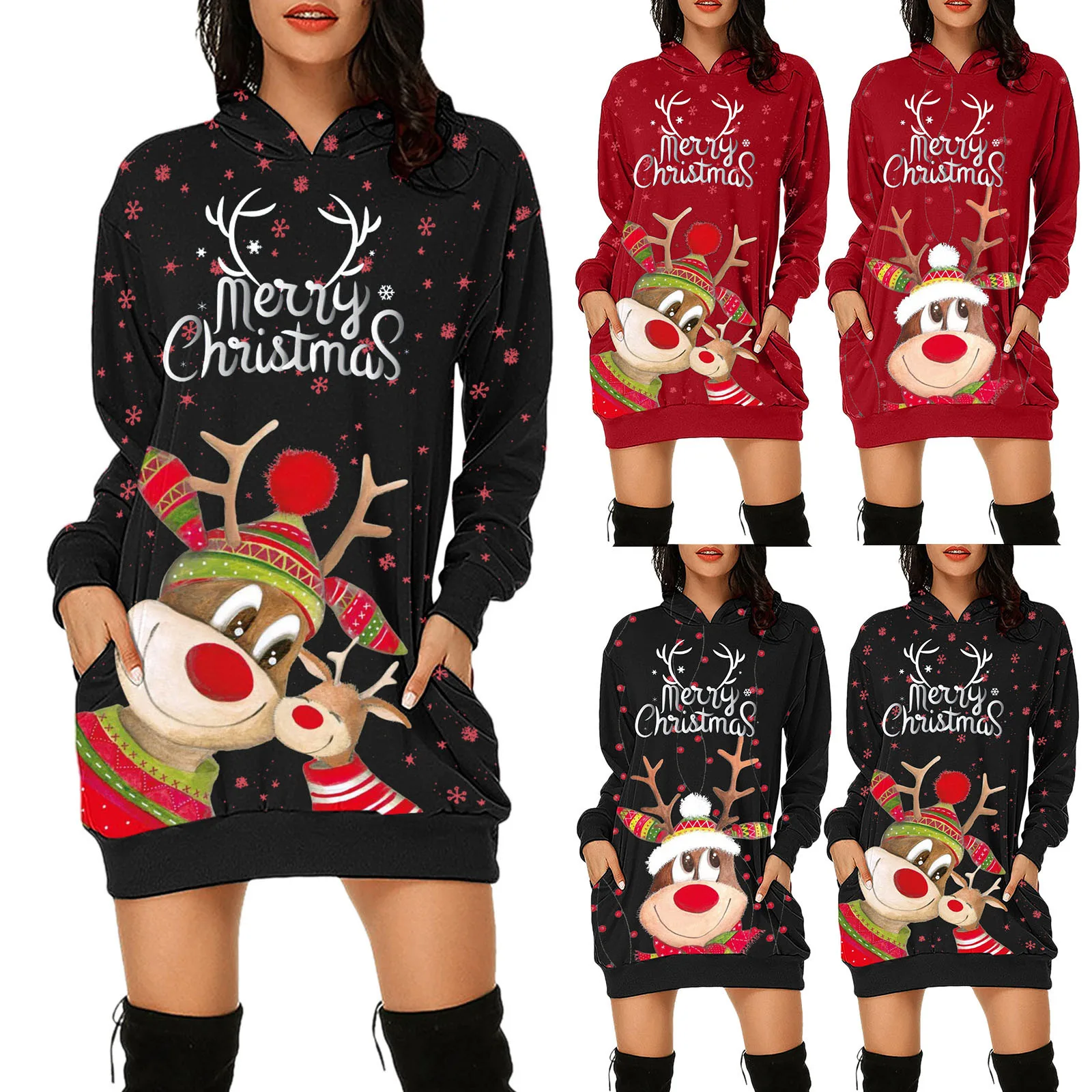 Multi Sizes Christmas Women Printed Round Neck Casual Dresses Hoodies Dress For  New Year Clothing With Pockets Hooded Dress