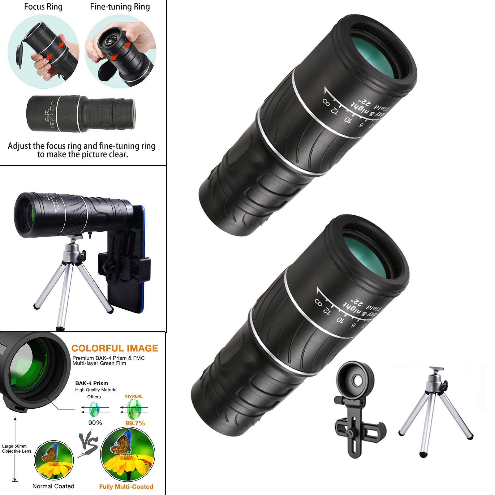 40X60 Zoom Monocular Telescopes Night Grip Scope, Easy to Use With Single Hand