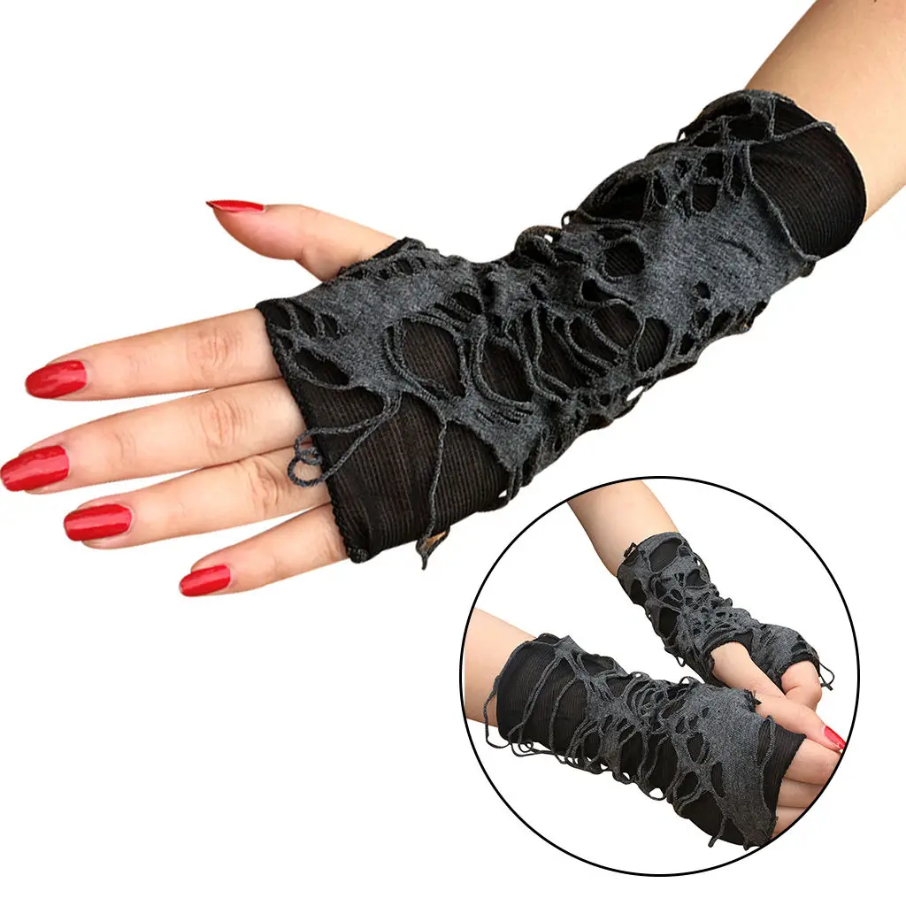 Women's Punk Fingerless Gloves Gothic Arm Warmer Ripped Gloves Costume Party