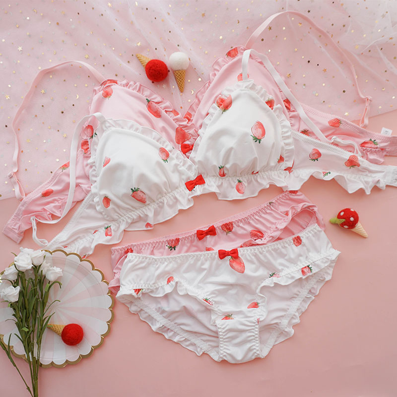 Nette Lolita Unterwäsche Set Japanischen Bh & Höschen Set Kawaii Erdbeere Milch Seide Wirefree Weiche Frauen Vertrauten Dessous Set Sexy – Detail 1