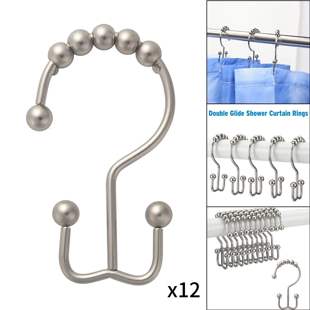 12pcs Stainless Steel Roller Double Sliding Hooks Bath Rollerball Shower Curtains Glide Rings Home Bathroom Accessorie