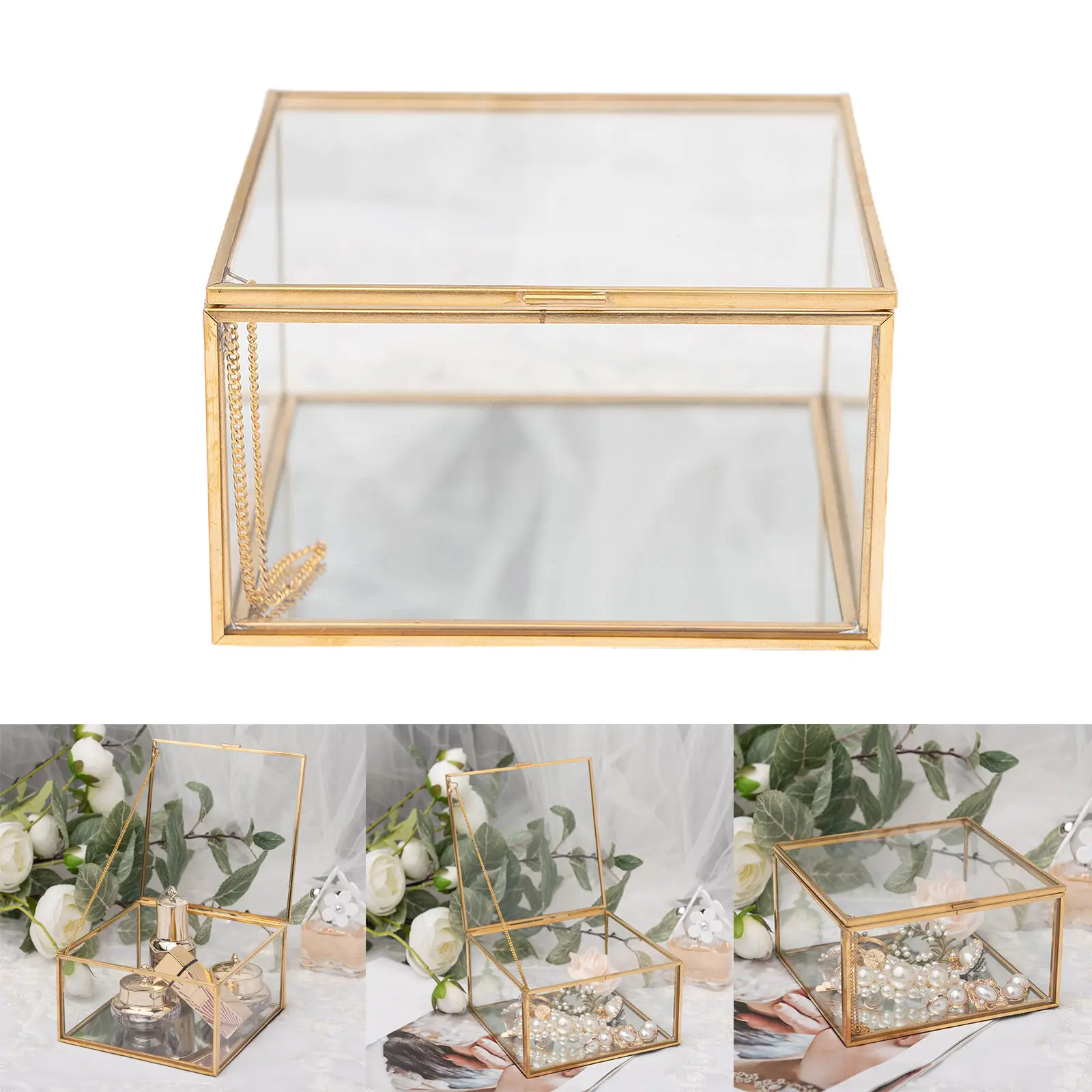 Golden Square Vintage Brass & Clear Glass Decorative Box Home Decor, Small Jewelry Case Box Organizer with Latching Lid 5x5x3