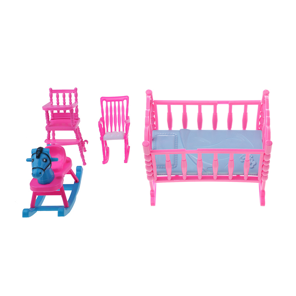 Pink Baby Rocking Bed + Baby Dining Chair + Rocking Horse + Baby Rocking Chair Nursery Room Accessory for Dolls House
