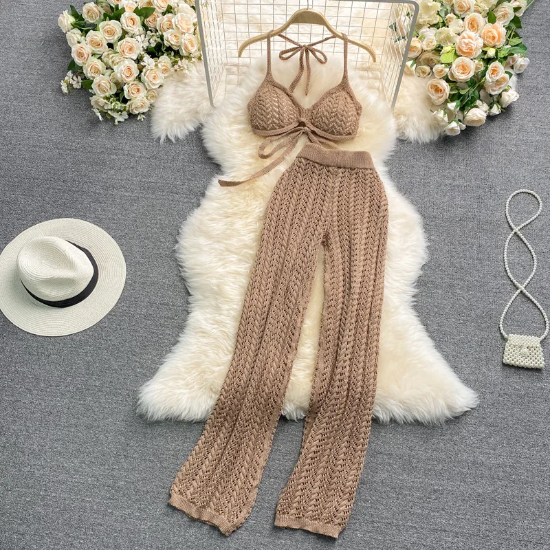 Summer Beach Knitted Set Summer Sexy Backless Halter Lace Up Bra Tops Hollow Crochet Wide Leg Long Pants Two Piece Suit Outfit plus size suits for women