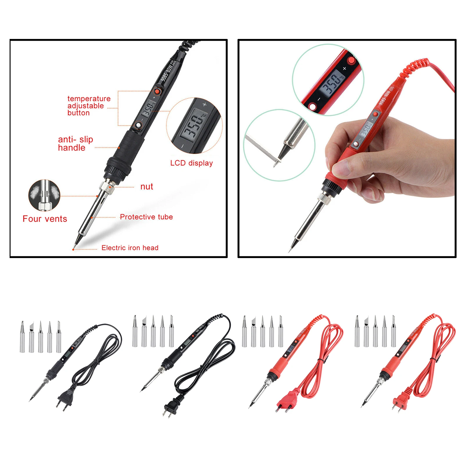 80W 220V LCD Display Electric Soldering Iron Kit Digital Solder Gun with Thermostitc, 1.4 meters Cable, EU Type