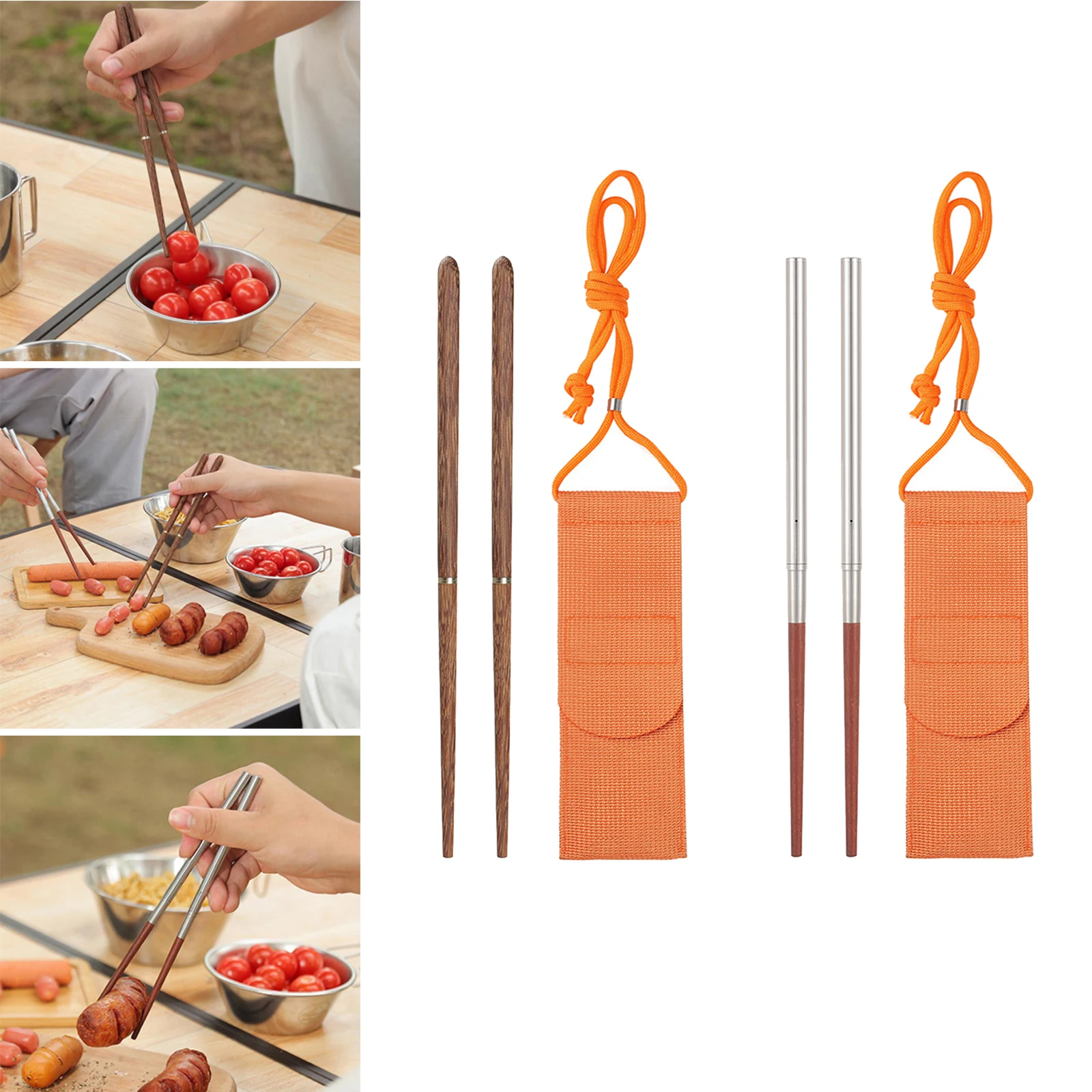 Lightweight Foldable Round Wooden Stainless Steel Chopsticks with Carrying Pouch for Camping Picnic Traveling