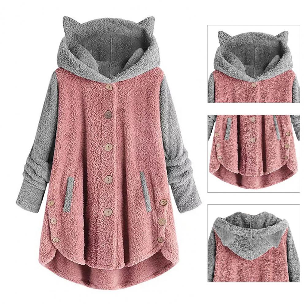 Orelhas de urso feminino Poncho com capuz,