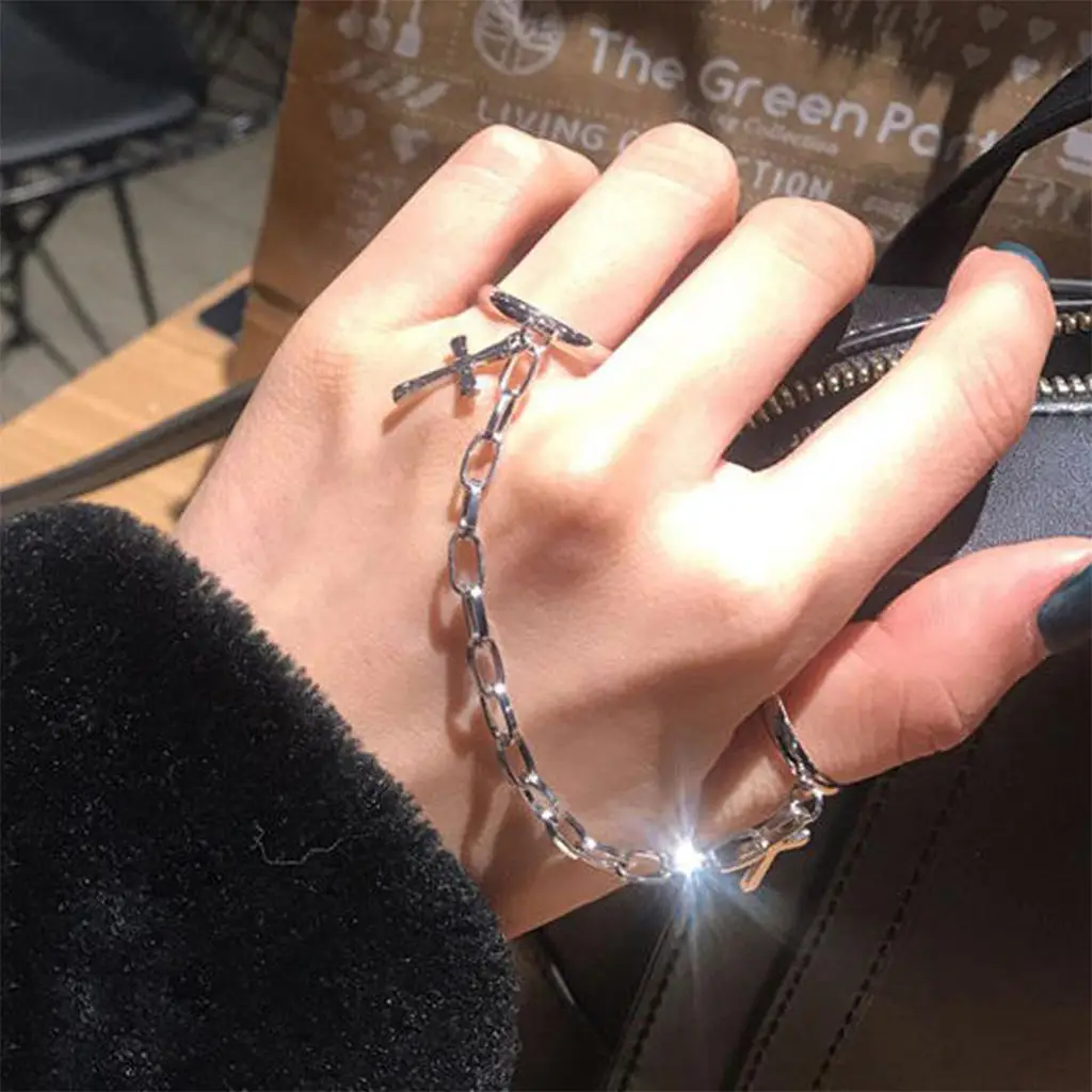 Punk Cool Hip  Rings Multi-layer Adjustable Chain 2 Open Finger Rings Alloy Women Rotate Rings for Women Party Gift