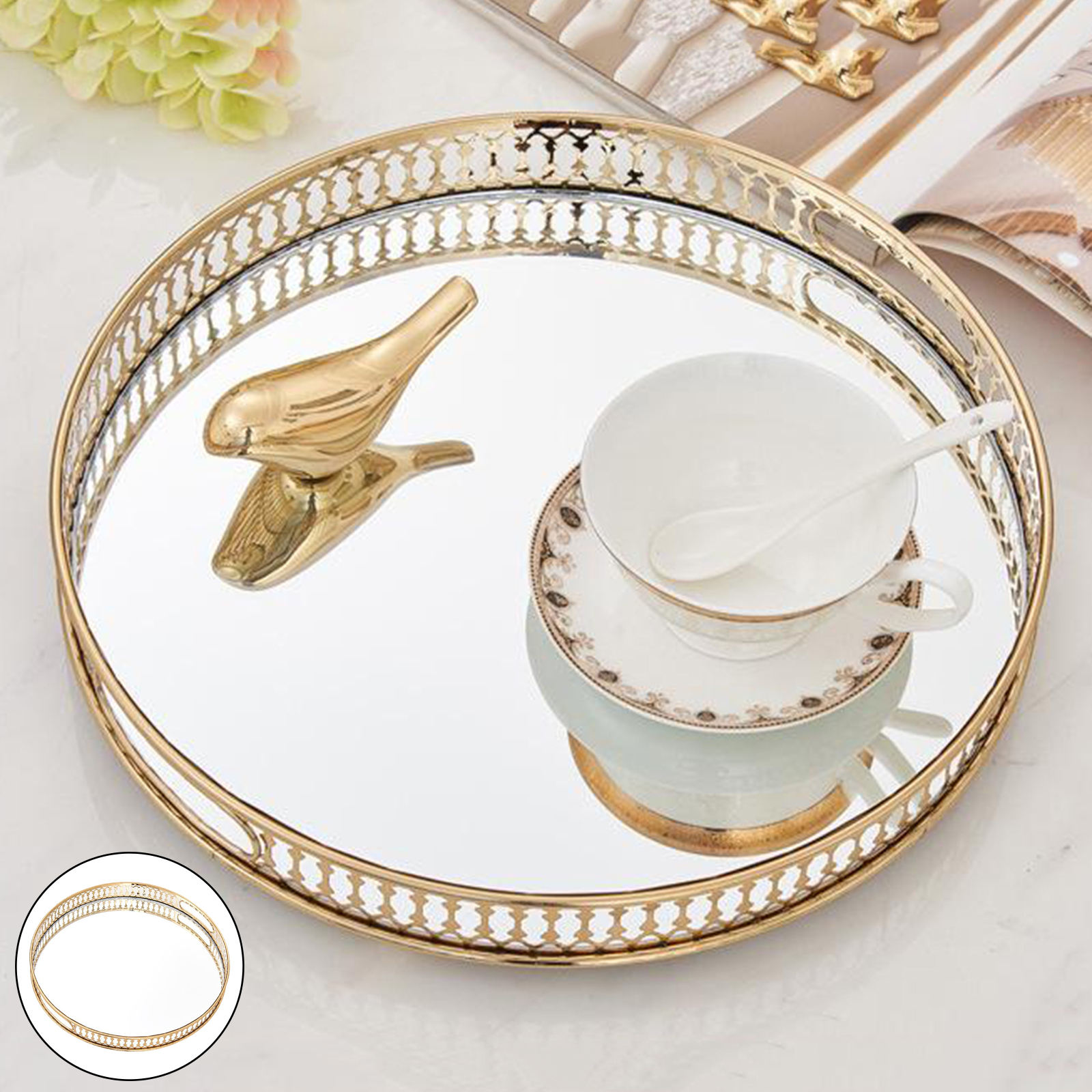 Round Vanity Tray Dresser Ornate Tray Home Wedding Decorative Mirrored Tray Jewelry Perfume Makeup Perfume Organizer