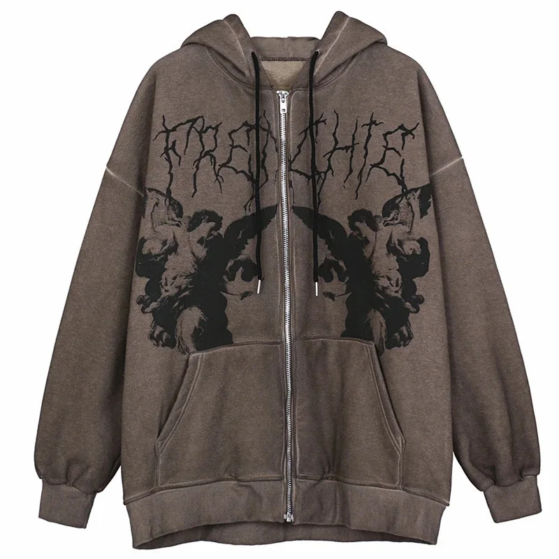 hoodie jacket Hip Hop Streetwear Hooded Sweater Goth Angel Dark Print Women's Loose Pocket Sports Zipper Harajuku Y2K Jacket Hoodies Women styling hoodies