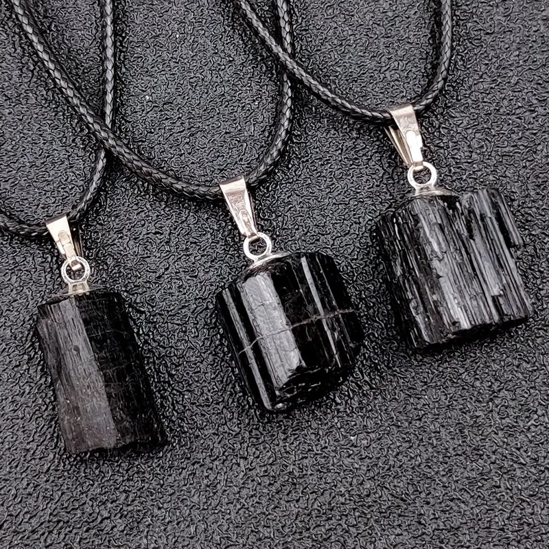 Natural Black Tourmaline Rough Pendant Irregular Black Tourmaline Cylinder Rough Stone Personality Necklace