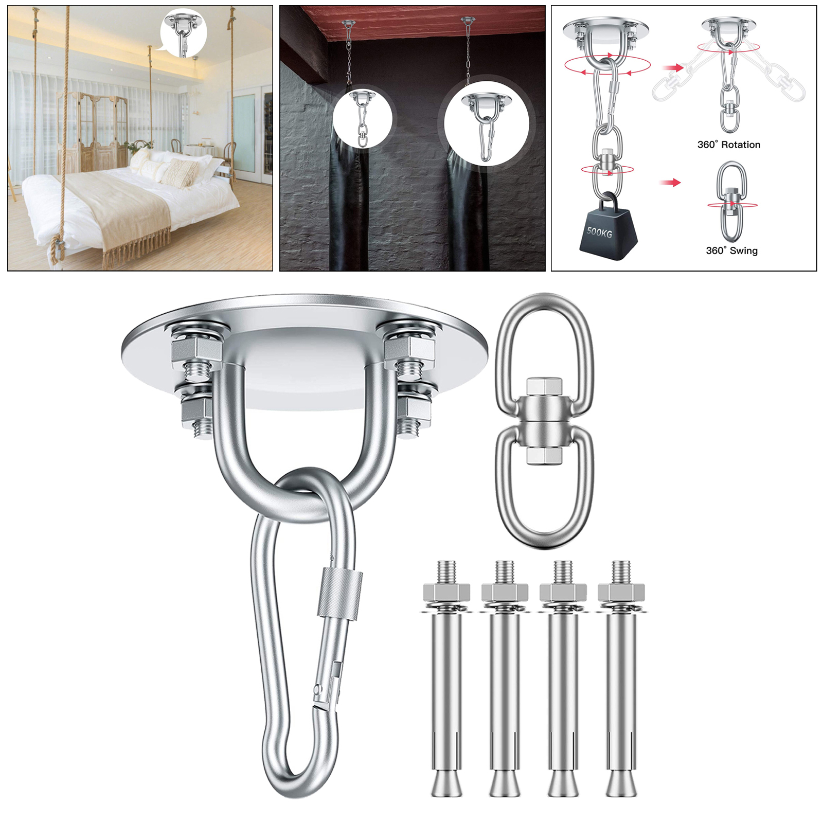 Hammock Chair Ultimate Hanging Kit-Concrete Ceiling and Wooden Beam Hook Heavy Duty Hanger & Swivel Hook Snap