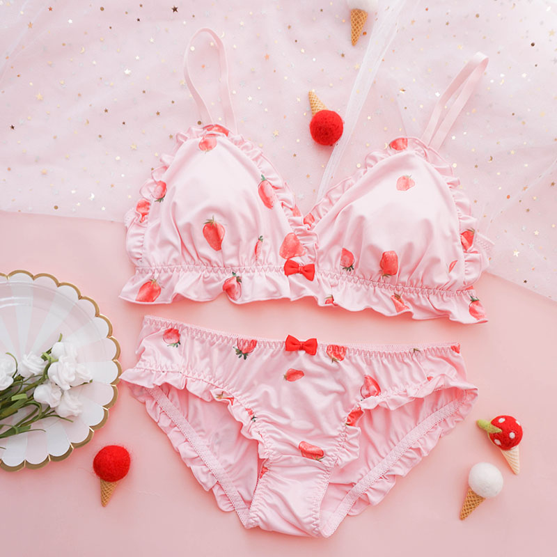 Nette Lolita Unterwäsche Set Japanischen Bh & Höschen Set Kawaii Erdbeere Milch Seide Wirefree Weiche Frauen Vertrauten Dessous Set Sexy – Detail 5