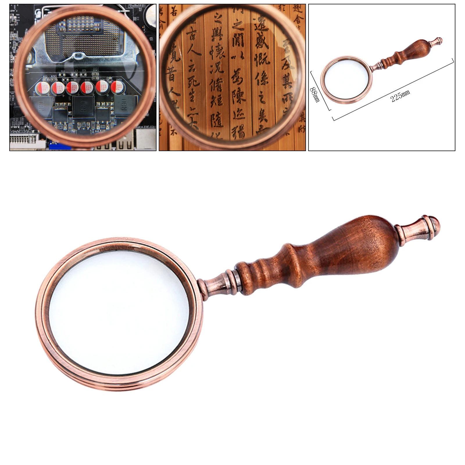 Reading Magnifying Glass10X Antique Copper Handheld with Wooden Handle