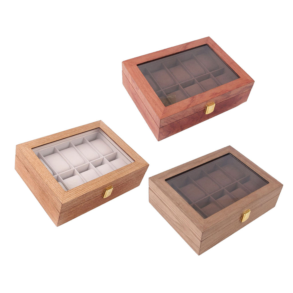 10 Slots Wood Watch Box for Men - Luxury Wooden Watches Display Case, Jewelry Storage, Large Holder with Metal Buckle