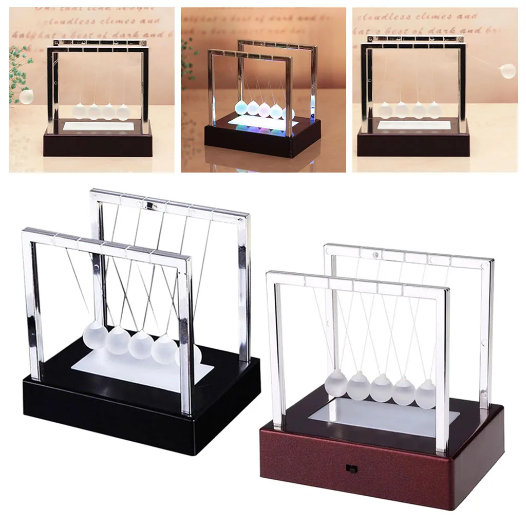 Battery Powered Newtons Cradle Glass Balance Balls Science LED Newton's Cradle Office Accessories Accent for Relieving Stress