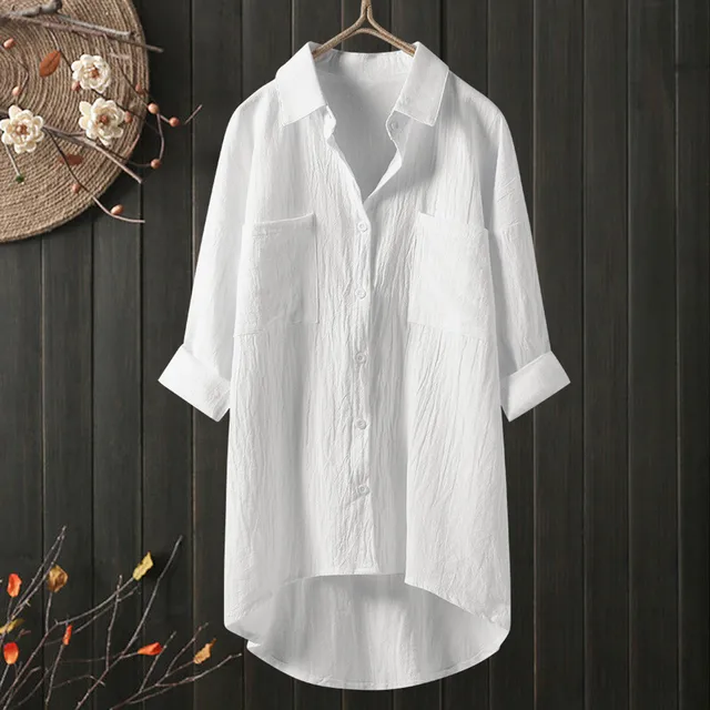 Woman's Casual Linen Shirts And Blouses Tops Boho Ladies Long Sleeve Turn Down Collar Button Shirts Loose Women Clothing 2022 24
