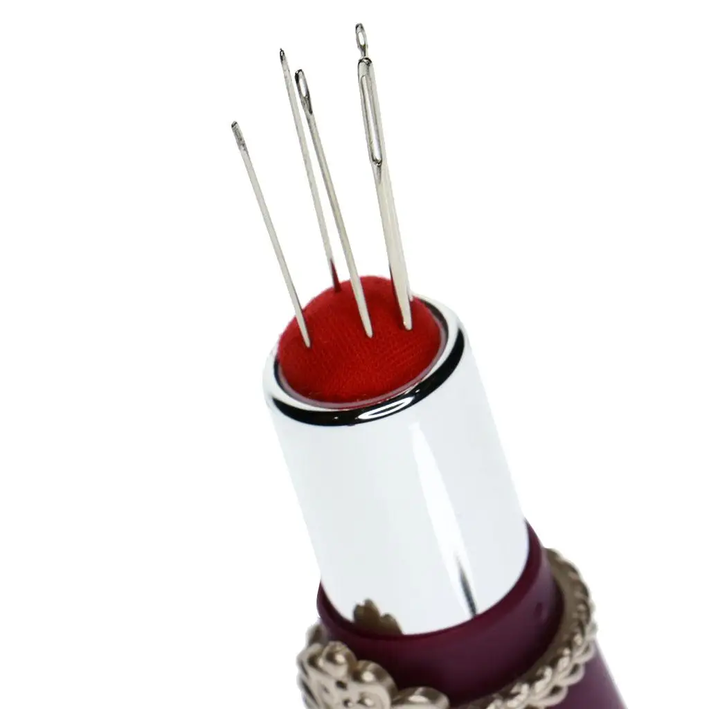 2xLipstick Shaped Needles Pin Cushion Holder with 5pcs Sewing Needles Purple