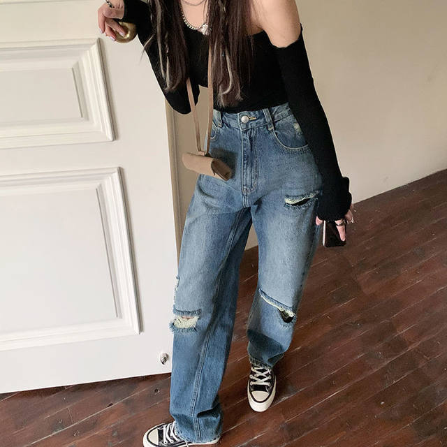 Black Ripped Hole Wide-Leg Jeans High Street Korean Trendy Denim Women'S  Pants Loose High Waist Streetwear Straight-Leg Trousers