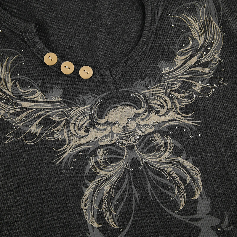 Vintage Angel Wings Print Black T Shirt Spring Autumn Grunge Fairycore Long Sleeve Pullovers Tees Women Crop Top Harajuku Y2k vintage graphic tees