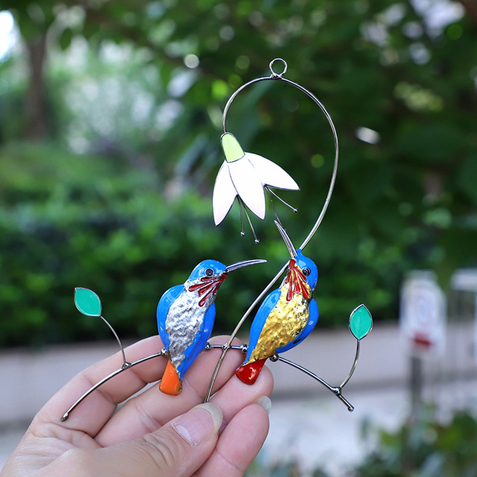 Hummingbirds Stained Glass Suncatcher Birds Pendant Outdoor Home Decoration