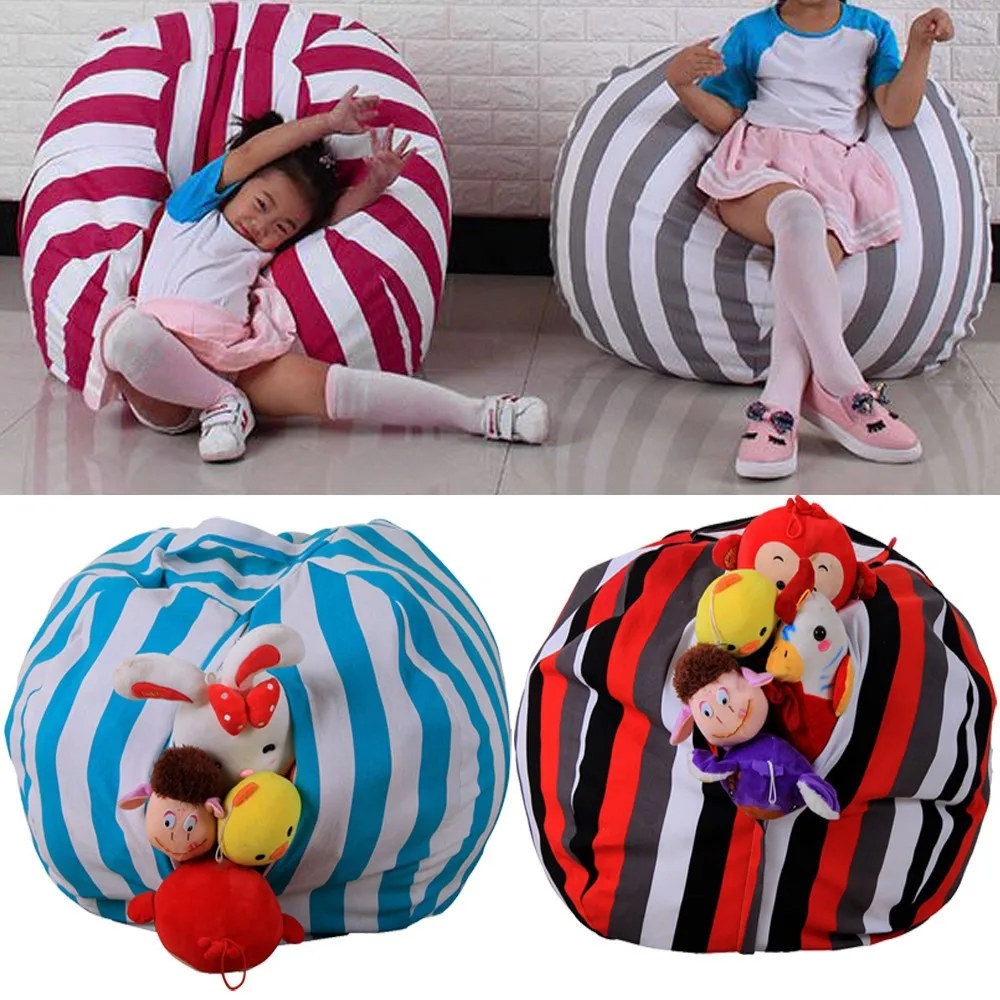 Kids Stuffed Animal Toy Cotton Bean Bag Storage Pouch Soft Stripe Fabric Chair 