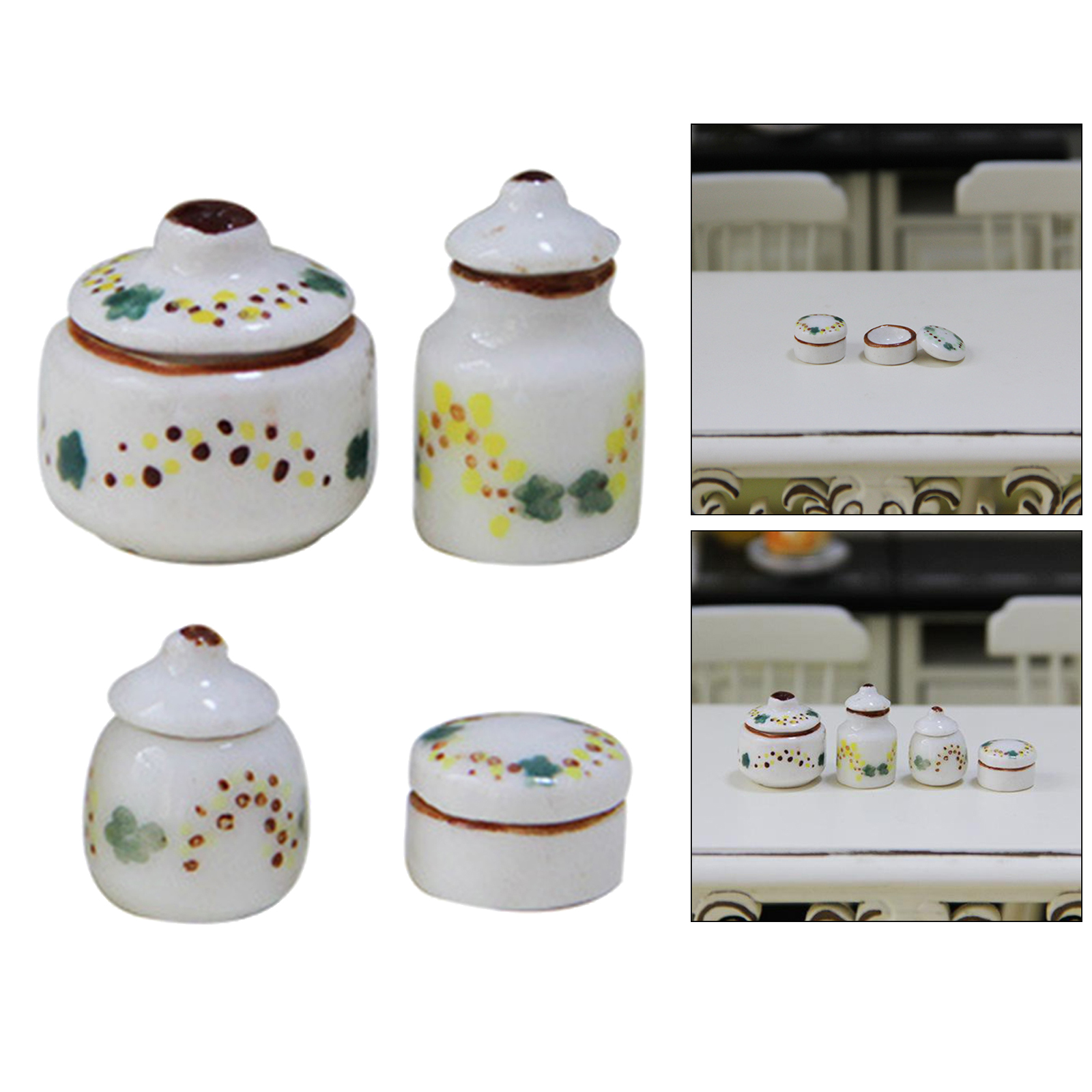 4 pieces 1:12 Doll House Furniture Set Mini Porcelain Pots Cans Seasoning Jar