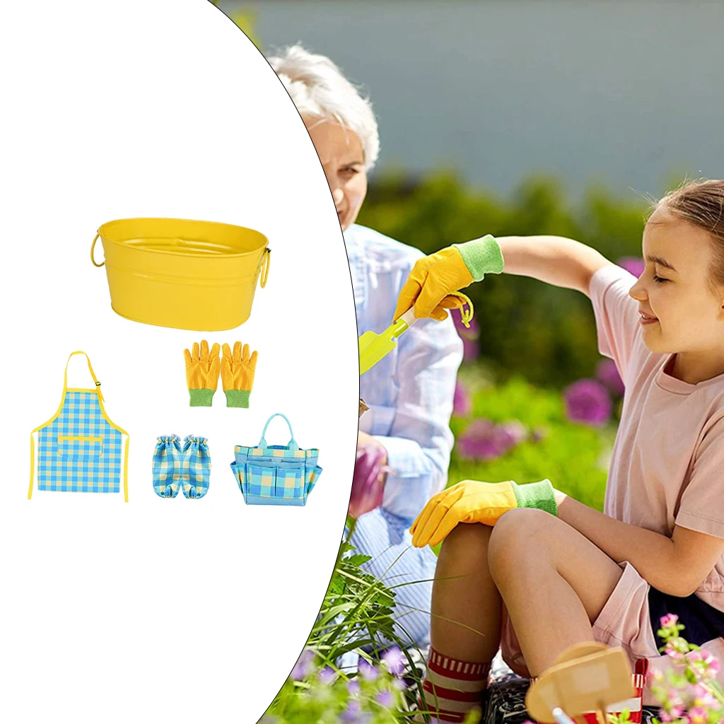 5Pieces Kid Gardening Set Planting Flowers Outdoor Play Childrens Toddler Smock Tote Gloves Garden Tools All in One Toys
