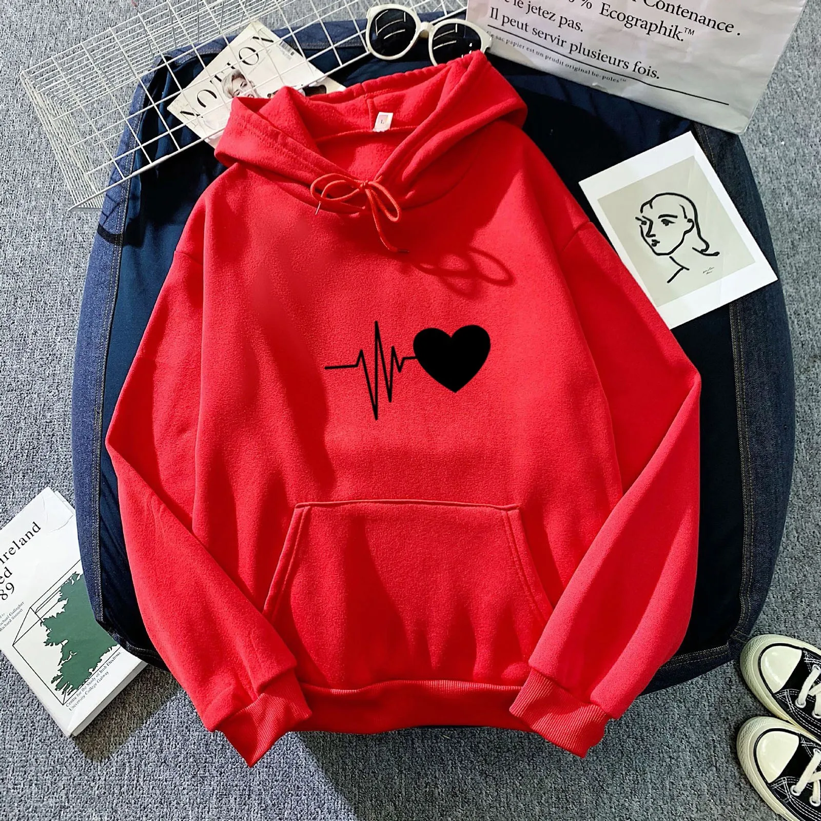 Plus Size Women's Hoodies With Pocket Casual Heart Printing Women Sweetshirts Oversized Hoodie Sudaderas Con Capucha Ropa Mujer pink hoodie