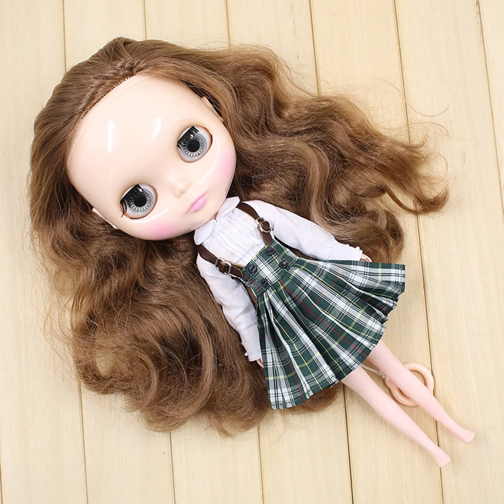 Adorable White Shirt & Plaid Suspender Dress for 12`` Blythe Azone Doll ACCS