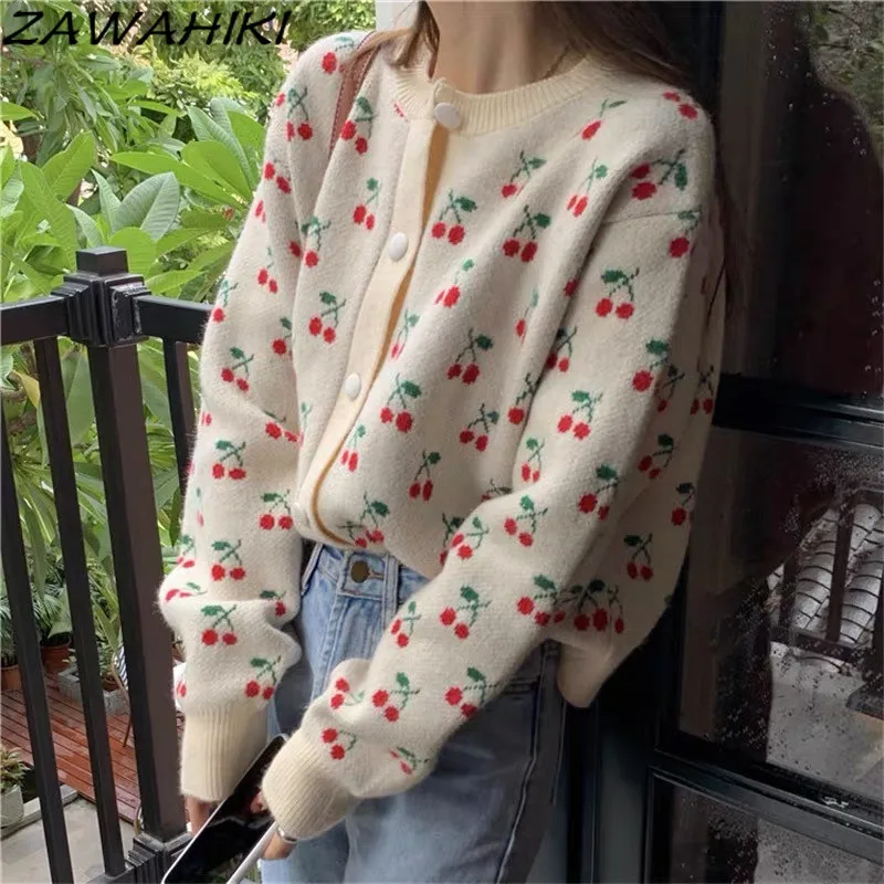 Cherry Embroidery Knitted Cardigan Female Sweaters Knitwear Koreans Long Sleeves 