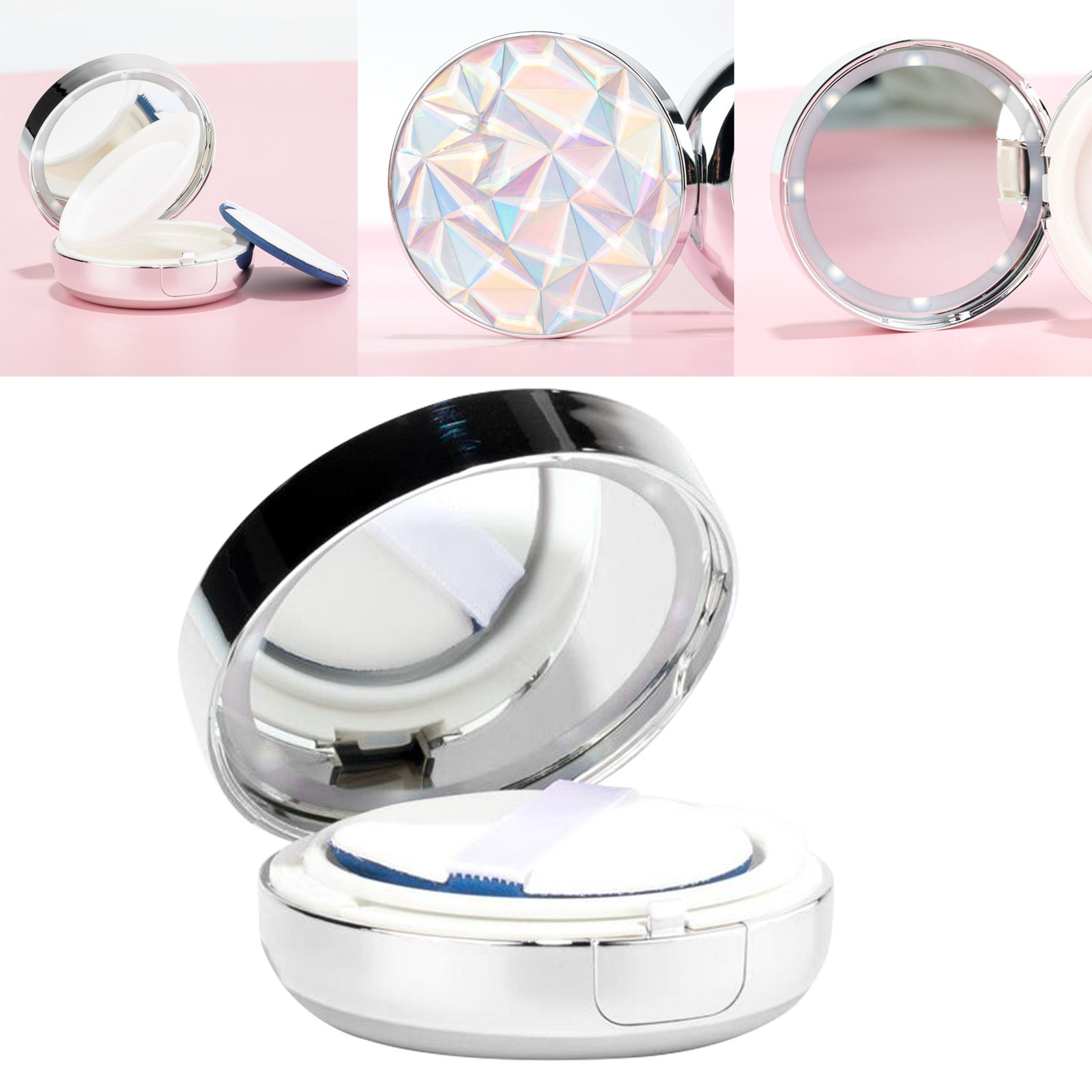 15ml 0.5oz Air Cushion Puff Box BB Cream Container for Foundation with Mirror 8 LED Lights Diamond Style