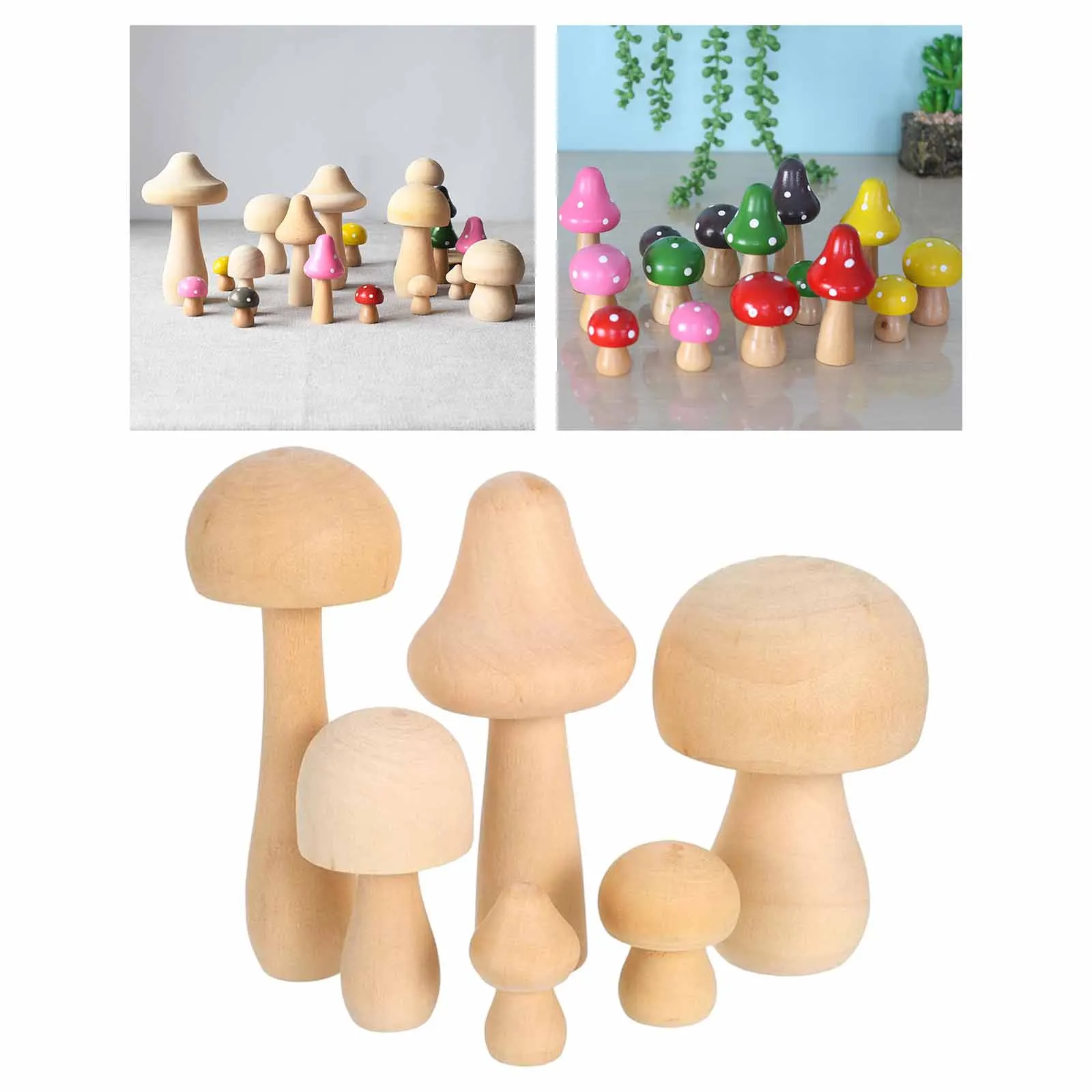 Set of 6 Unfinished Wooden Mushroom Unpainted Peg Dolls Toys Arts DIY Painting Landscape Planter Decor