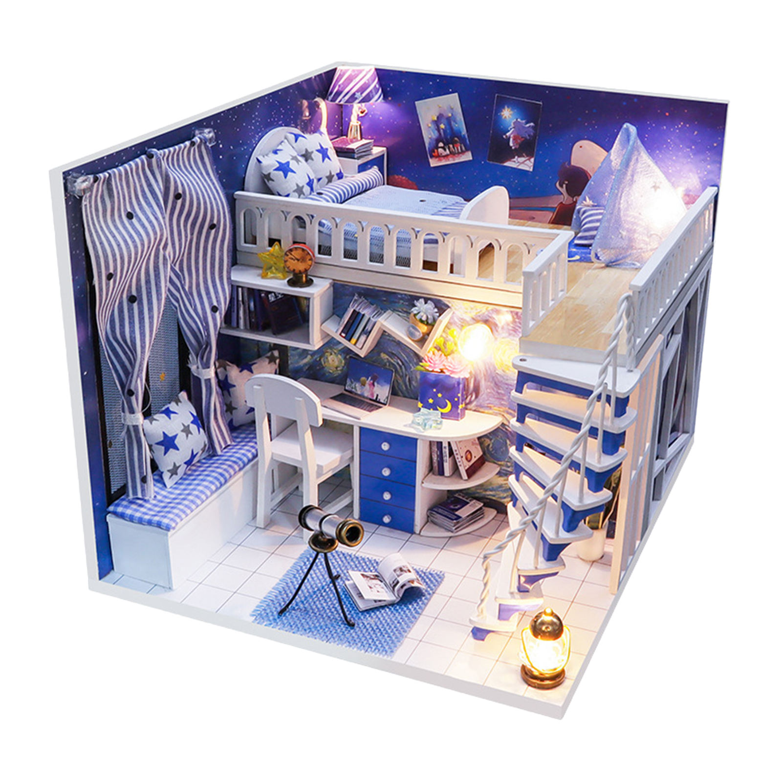 Dollhouse Kit LED Light Dustproof Case Wood Craft Themed Star House Gift